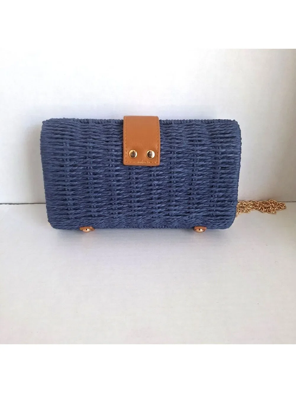 NWOT Shiraleah Blue Wicker Clutch Crossbody Blue Leather Gold Chain